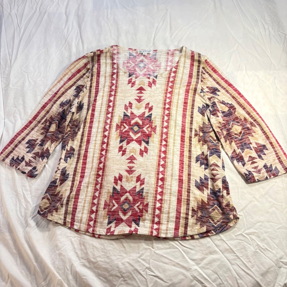 ORVIS‎ Womens Geometric Print 3/4 Sleeve Tunic Top XL Beige Red Blue
